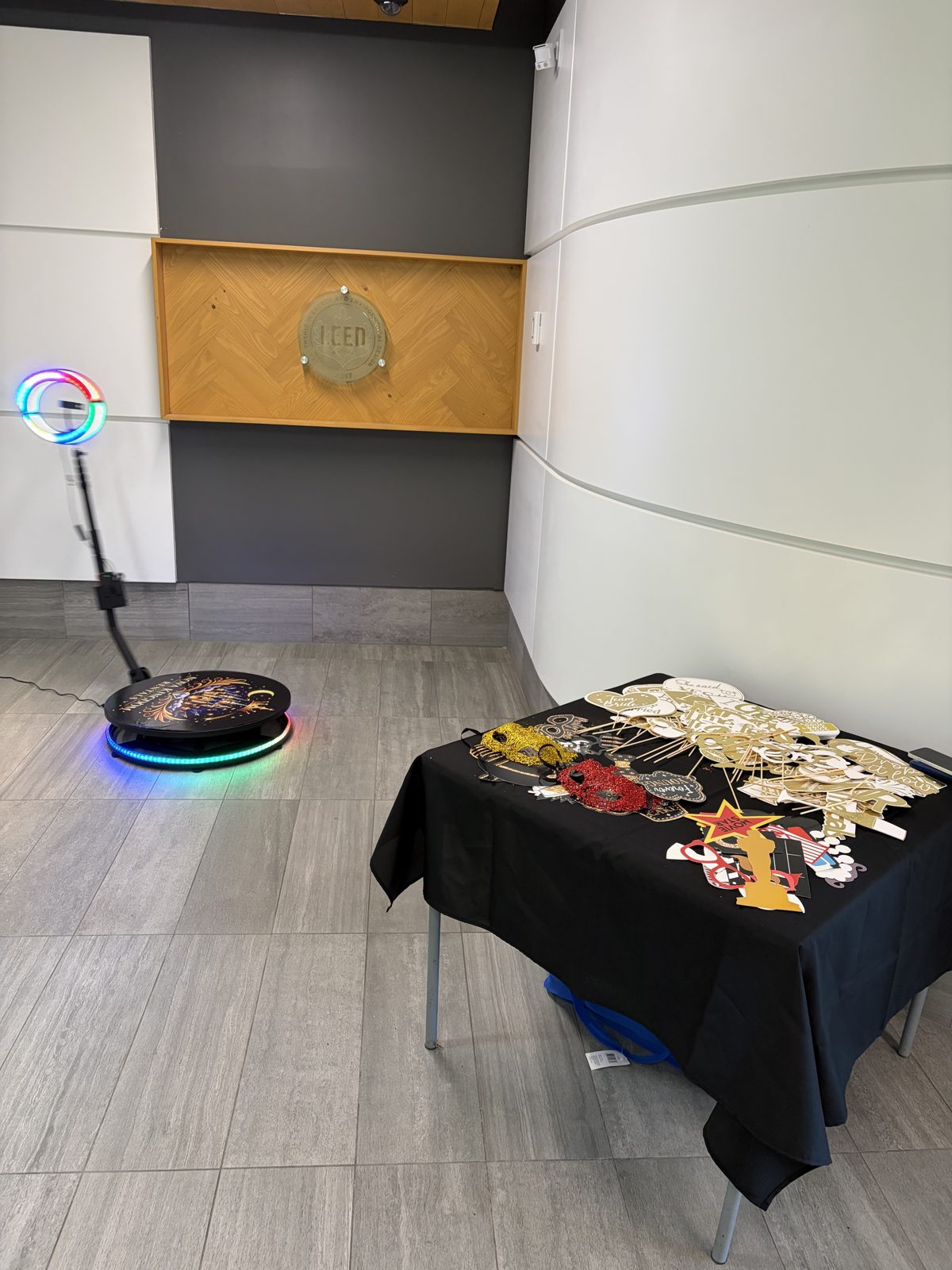 360 Video Booth set up with props at an indoor event in Nova Scotia