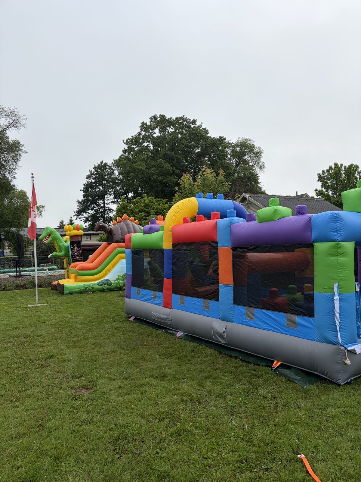 Backyard bouncy castle and obstacle course setup near Bridgewater Nova Scotia